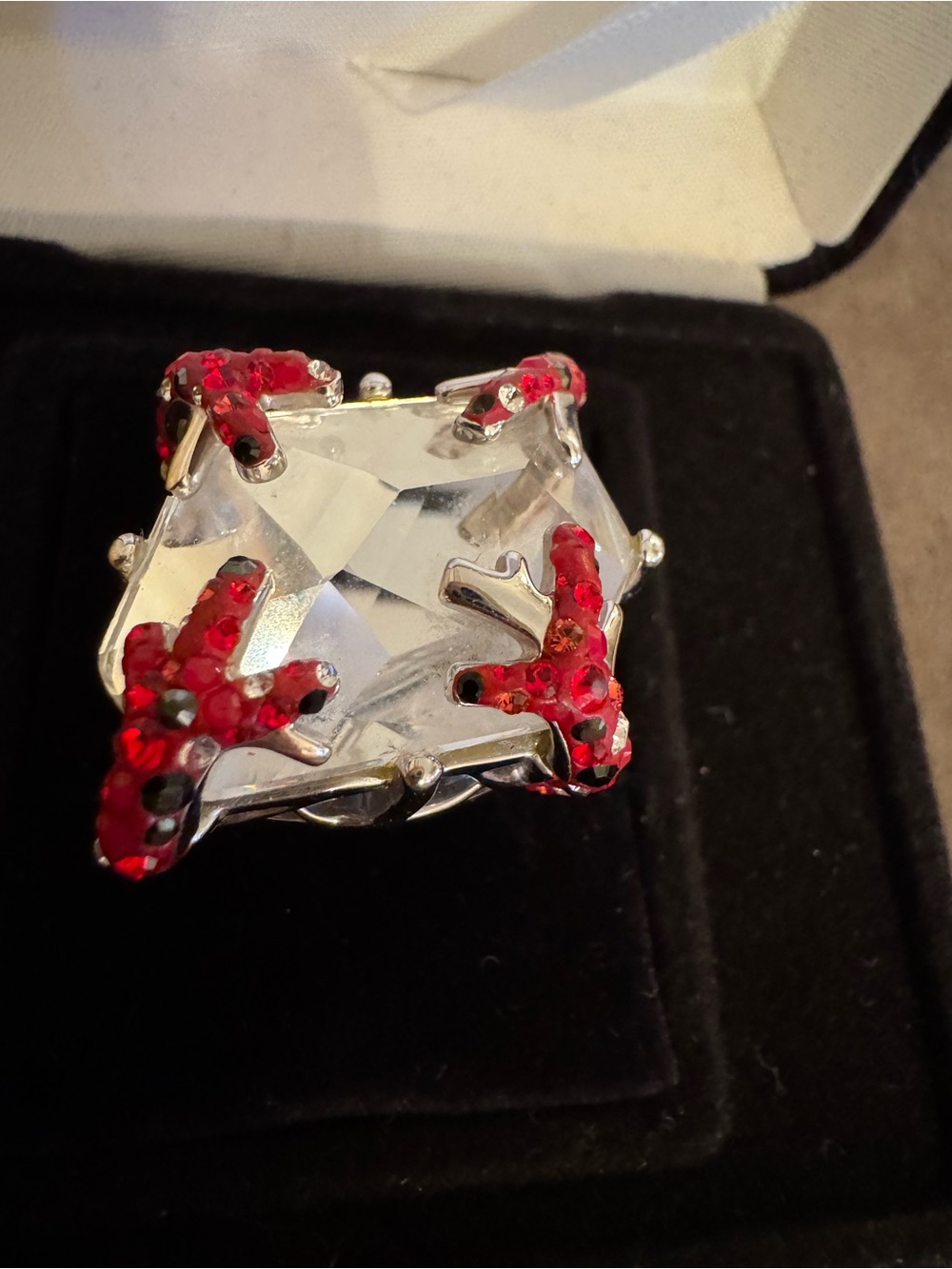 Vintage Swarovski Red Coral And Clear Crystal Ring Size 7 New Without Tags